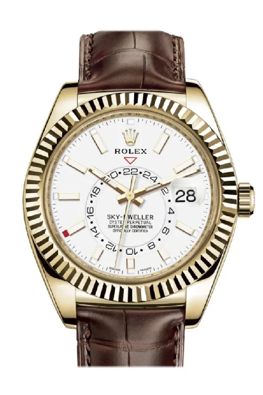 Rolex Watches for Women –Rolex Sky Dweller White Dial 18k Yellow Gold Brown Leather Strap Men's Watch 326138