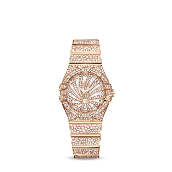 Discover Omega’s Signature Timepieces –Omega Constellation 24mm Watch - Ref: 123.55.24.60.55.009 - White Mother of Pearl Pave Diamond Index Dial, 18K Rose Gold Diamond Bracelet