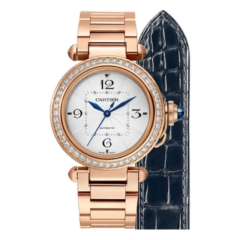 Cartier Watches: Where Style Meets Luxury –Cartier Pasha de Cartier 35mm Women's watch - Ref: WJPA0013 - Silver Arabic Dial & Diamond Bezel, 18K Rose Gold Bracelet