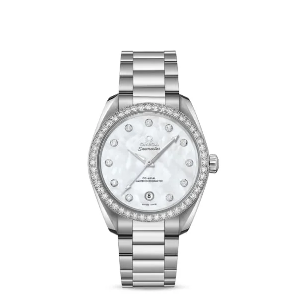 Omega Watches: A Tradition of Swiss Excellence –Omega Seamaster 38mm Watch - Ref: 220.15.38.20.55.001 - White Mother of Pearl Diamond Index Dial & Diamond Bezel, Stainless Steel Bracelet