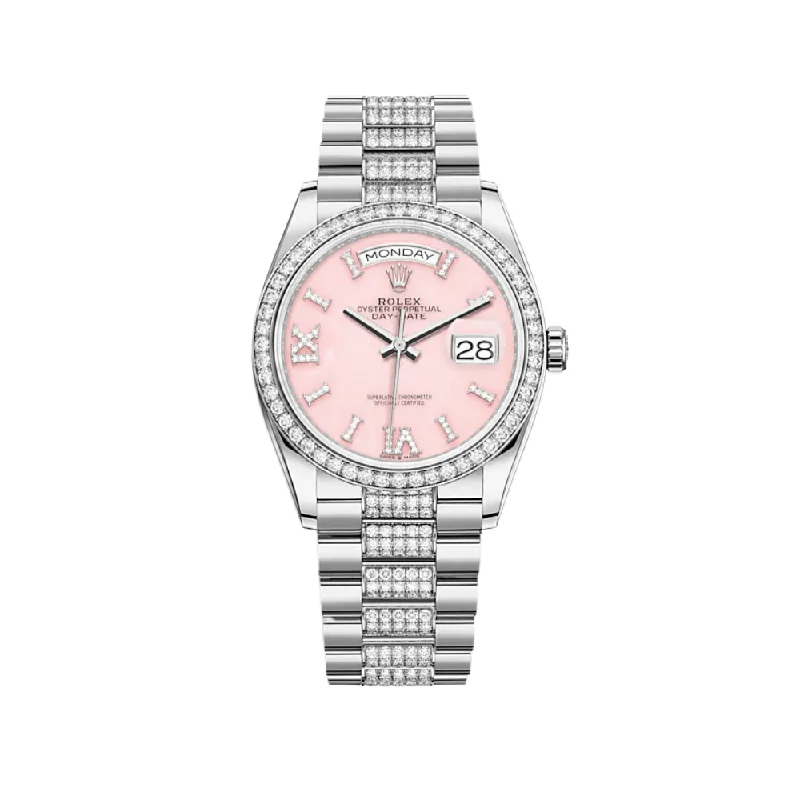 Rolex Watches: Precision Meets Perfection –Rolex Day-Date 128349RBR White Gold Diamond Bezel Pink Diamond Dial