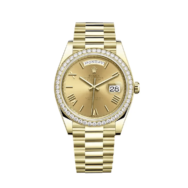 Rolex Watches: Built for Perfection –Rolex Day-Date 228348RBR Yellow Gold Diamond Bezel Champagne Roman Dial