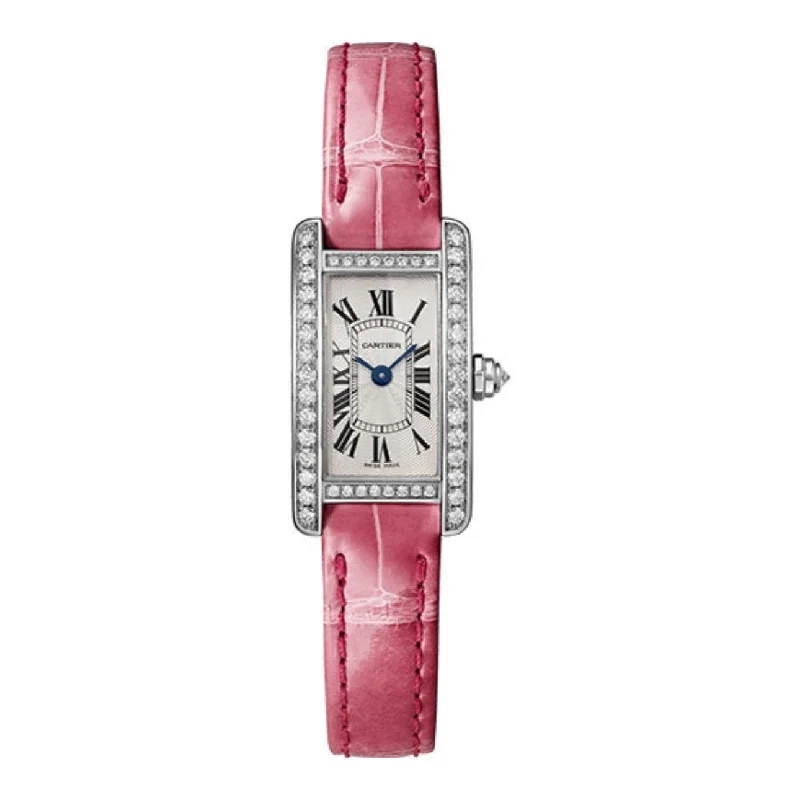 Cartier Watches for Luxury and Precision –Cartier Tank Americaine 27mm Women's watch - Ref: WJTA0027 - Silver Roman Dial & Diamond Bezel in 18K White Gold Case, Pink Leather Strap