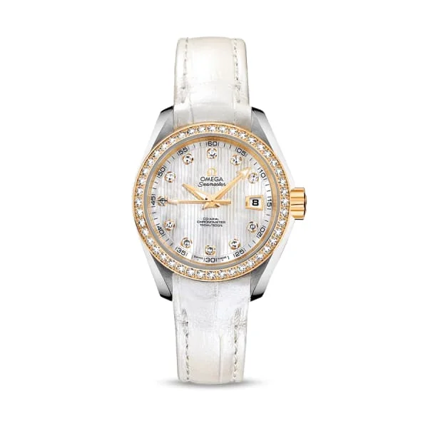 Explore Omega Watches for Exceptional Value –Omega Seamaster 30mm Watch - Ref: 231.28.30.20.55.002 - White Mother of Pearl Diamond Index Dial & Diamond Bezel in Two Tone Stainless Steel & 18K Yellow Gold Case, White Leather Strap