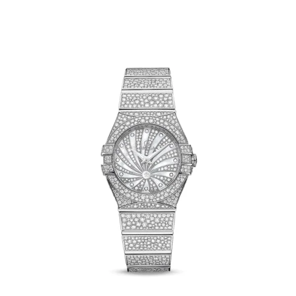 Omega Watches: Designed for Timeless Elegance –Omega Constellation 24mm Watch - Ref: 123.55.24.60.55.010 - White Mother of Pearl Pave Diamond Index Dial, 18K White Gold Diamond Bracelet