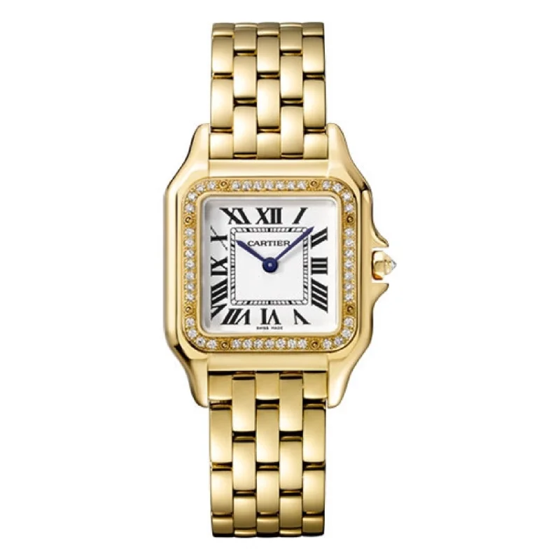 Discover the Best Cartier Timepieces for You –Cartier Panthere de Cartier 37mm Watch - Ref: WJPN0016 - Silver Roman Dial & Diamond Bezel, 18K Yellow Gold Bracelet