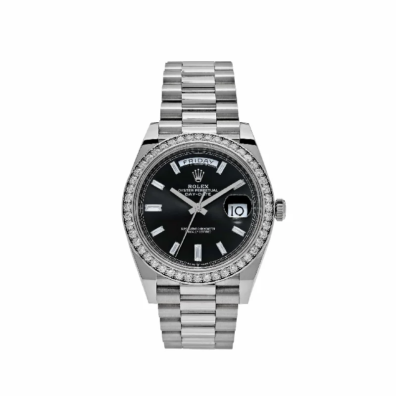 Discover Rolex’s Signature Timepieces –Rolex Day-Date 228349RBR White Gold Black Dial Diamond Bezel