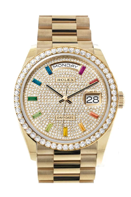 Shop Rolex Watches for Ultimate Style –Rolex Day-Date 36 Paved Rainbow Sapphire Dial Gold Diamond Bezel Diamond President Watch 128348RBR-0030 128348RBR