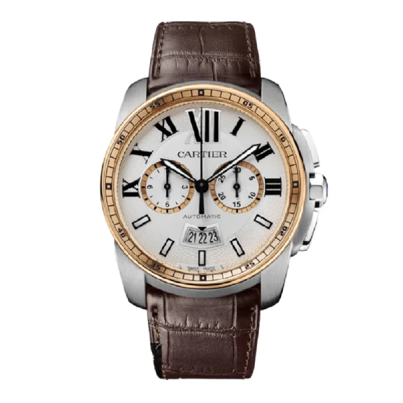 Shop Cartier Watches for Unmatched Quality –Cartier Calibre de Cartier 42mm Watch - Ref: W7100043 - Silver Roman Dial, Brown Alligator Strap