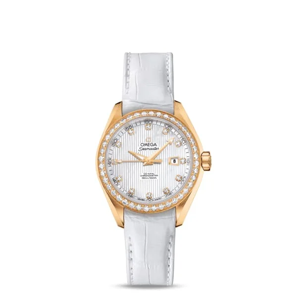 Shop Omega Watches for Iconic Designs –Omega Seamaster 34mm Watch - Ref: 231.58.34.20.55.001 - White Mother of Pearl Diamond Index Dial & Diamond Bezel in 18K Yellow Gold Case, White Leather Strap