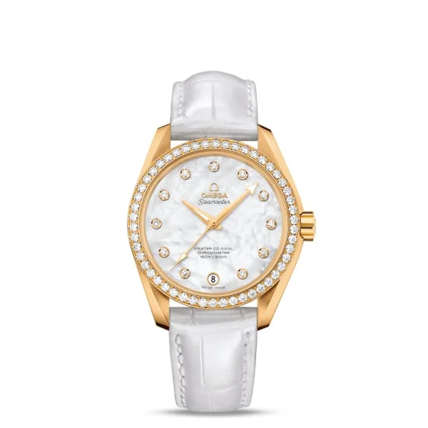 Omega Watches for Luxury Timekeeping –Omega Seamaster 39mm Watch - Ref: 231.58.39.21.55.002 - White Mother of Pearl Diamond Index Dial & Diamond Bezel in 18K Yellow Gold Case, White Leather Strap