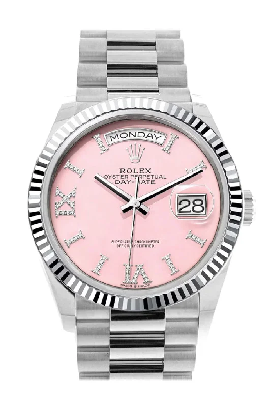 Shop for Classic Rolex Watches Online –Rolex Day-Date 36 Pink Opal Diamond Dial Fluted Bezel Platinum President Watch 128236