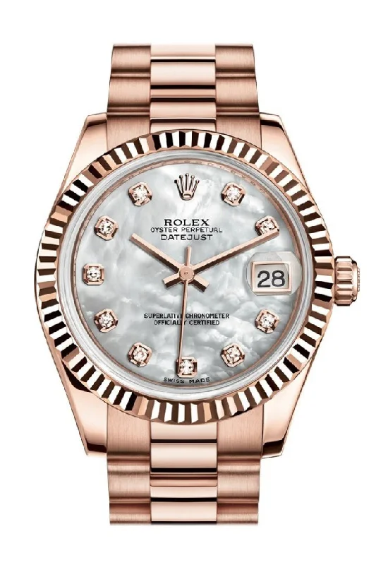 Rolex Watches with Superior Quality –Rolex Datejust 31 Mother of Pearl Diamond Dial Fluted Bezel 18K Everose Gold President Ladies Watch 178275 Pre-owned