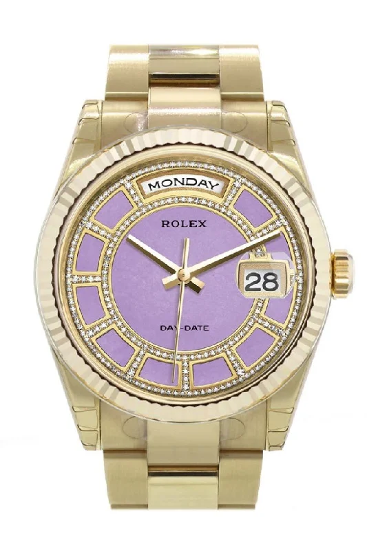 Rolex Watches: Designed for Luxury and Performance –Rolex Day-Date 36 Carousel of Lavender jade Dial Fluted Bezel Yellow Gold Watch 118238