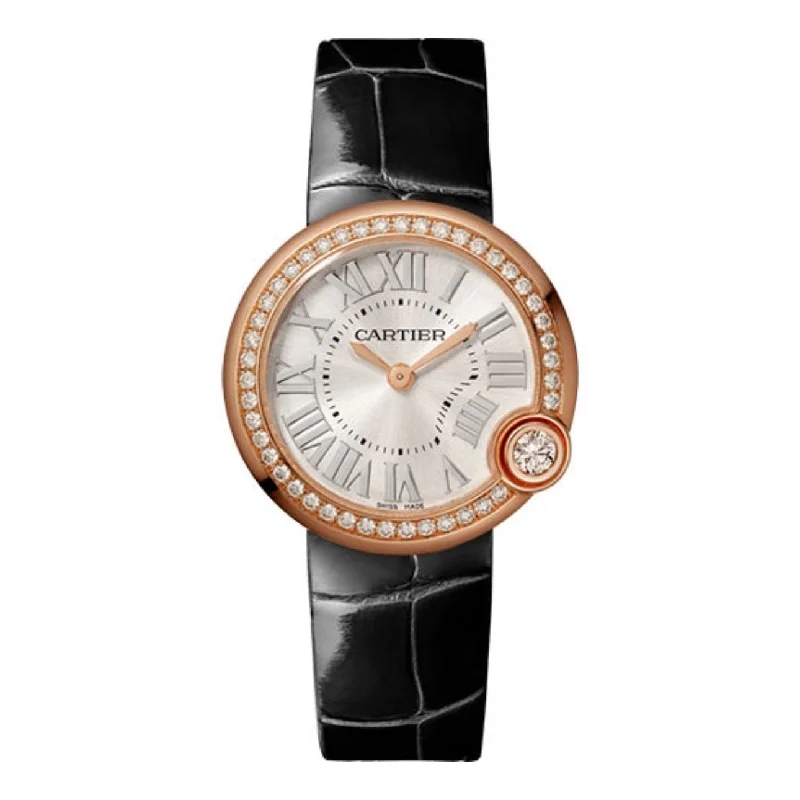 Shop Cartier Watches for the Modern Era –Cartier Ballon Blanc de Cartier 30mm Women's watch - Ref: WJBL0005 - Silver Roman Dial & Diamond Bezel in 18K Rose Gold Case, Black Alligator Strap