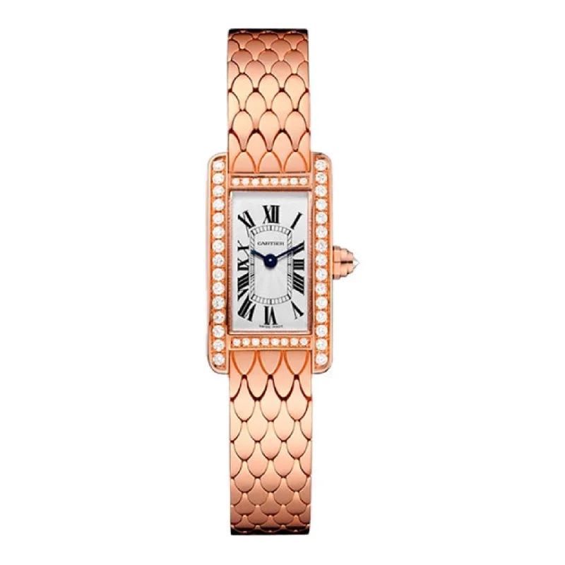 Discover Cartier’s Iconic Timepieces Now –Cartier Tank Americaine 27mm Women's watch - Ref: WB710012 - Silver Roman Dial & Diamond Bezel, 18K Rose Gold Bracelet