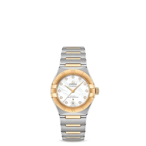 Omega Watches: A Legacy of Luxury –Omega Constellation 29mm Watch - Ref: 131.20.29.20.55.002 - White Mother of Pearl Diamond Index Dial & 18K Yellow Gold Bezel, Two Tone Stainless Steel & 18K Yellow Gold Bracelet