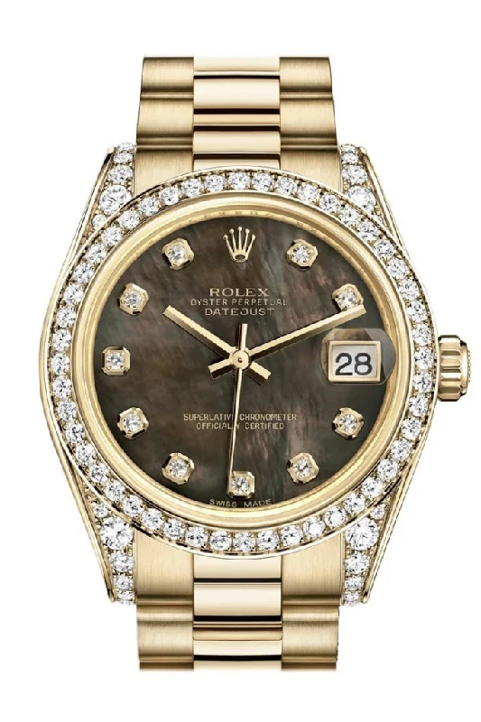 Shop Rolex Watches for Timeless Craftsmanship –Rolex Datejust 31 Black Mother of Pearl Diamond Dial Diamond Bezel Lug 18K Yellow Gold President Ladies Watch 178158 Pre-owned