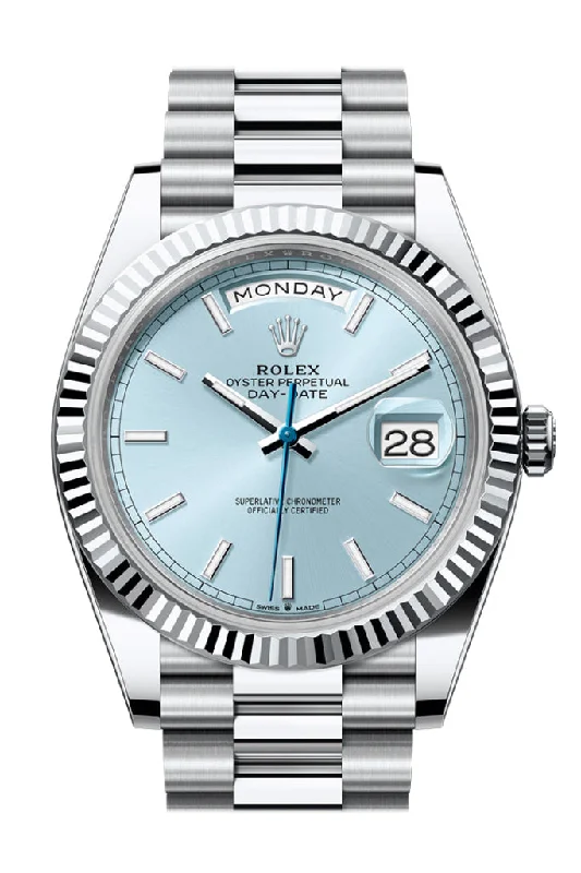 Discover Rolex Watches with Timeless Appeal –Rolex Day-Date 40 Ice-Blue Dial Dial Fluted Bezel Platinum President Men's Watch 228236