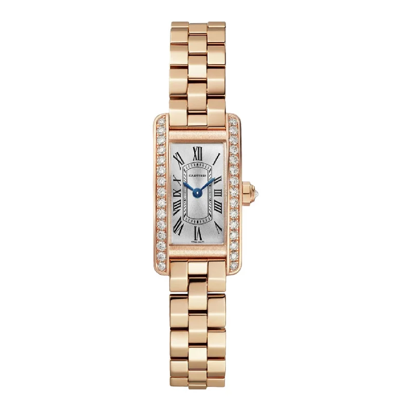 Shop Cartier Watches for Unique Elegance –Cartier Tank Americaine 28mm Women's watch - Ref: WJTA0043 - Silver Roman Dial & Diamond Bezel, 18K Rose Gold Bracelet