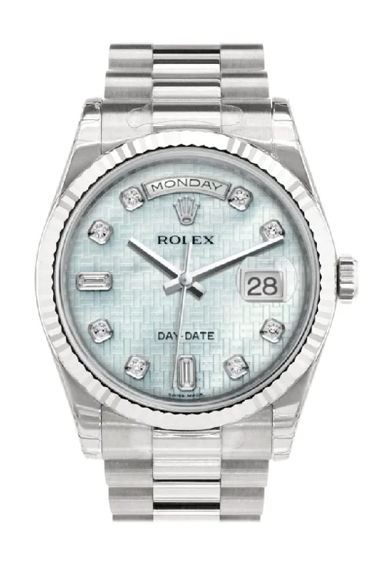 Find Iconic Rolex Timepieces Today –Rolex Day-Date 36 Platinum mother-of-pearl with oxford motif set with Diamonds Dial Fluted Bezel President White Gold Watch 118239