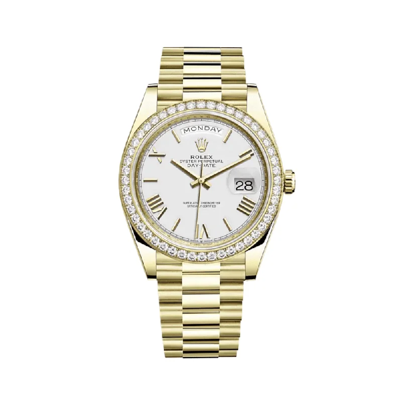 Classic Rolex Watches with Iconic Design –Rolex Day-Date 228348RBR Yellow Gold Diamond Bezel White Dial