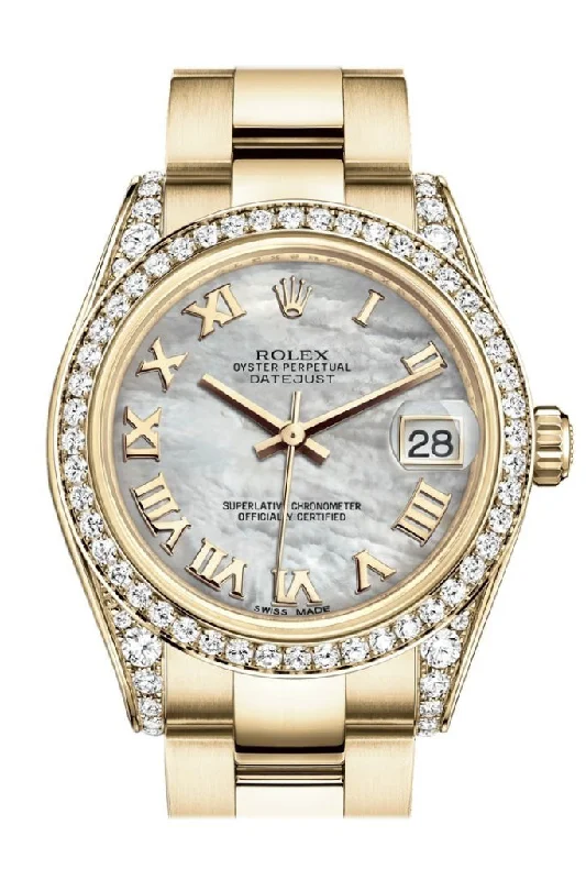 Shop Rare Rolex Models for Your Collection –Rolex Datejust 31 White Mother of Pearl Roman Dial Diamond Bezel Lug 18K Yellow Gold Ladies Watch 178158 Pre-owned