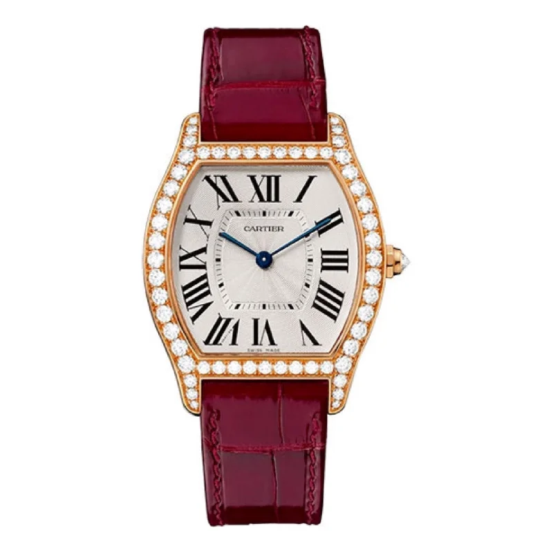 Cartier Watches: Perfect for Every Discerning Collector –Cartier Tortue 39mm Watch - Ref: WA501008 - Silver Roman Dial & Diamond Bezel in 18K Rose Gold Case, Bordeaux Alligator Strap