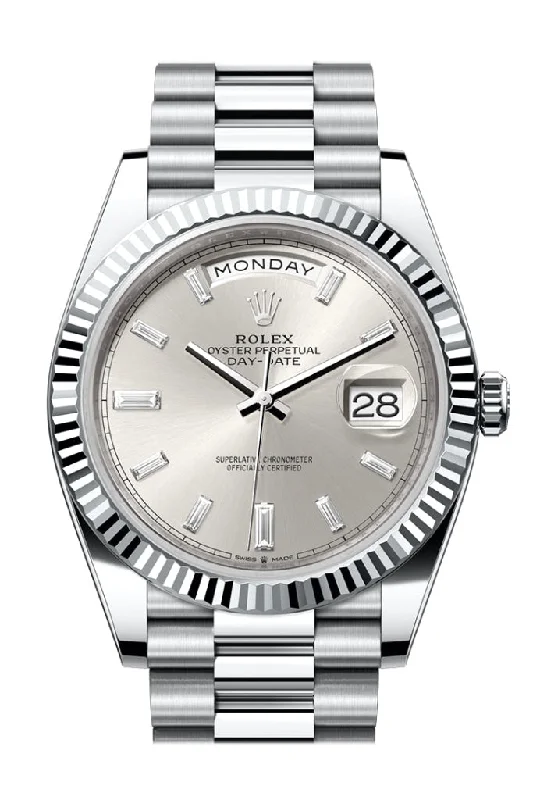 Rolex Watches: Timeless Elegance –Rolex Day-Date 40 Silver Diamonds Dial Fluted Bezel Platinum President Men's Watch 228236