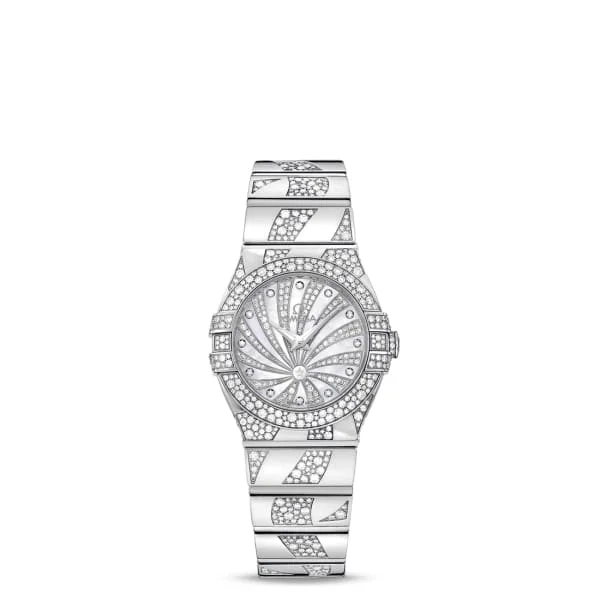 Shop Omega Watches for Every Style –Omega Constellation 27mm Watch - Ref: 123.55.27.60.55.012 - White Mother of Pearl Diamond Index Dial, 18K White Gold Diamond Bracelet