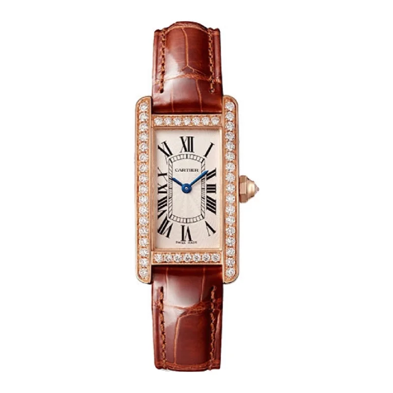 Luxury Cartier Watches for Every Occasion –Cartier Tank Americaine 34.8mm Watch - Ref: WJTA0028 - Silver Roman Dial & Diamond Bezel in 18K Rose Gold Case, Brown Alligator Strap