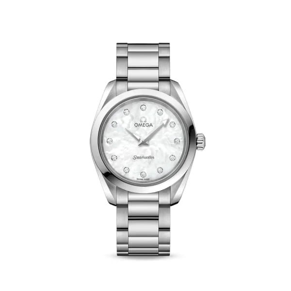 Shop Omega Watches for the Perfect Timepiece –Omega Seamaster 28mm Watch - Ref: 220.10.28.60.55.001 - White Mother of Pearl Diamond Index Dial, Stainless Steel Bracelet