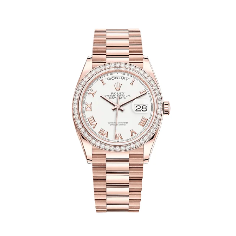 Rolex Watches: Swiss Quality and Precision –Rolex Day-Date 128345RBR Rose Gold Diamond Bezel White Dial