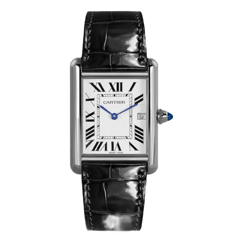 Discover Rare Cartier Timepieces for Sale –Cartier Tank Louis 34mm Watch - Ref: W1540956 - Silver Roman Dial in 18K White Gold Case, Black Leather Strap