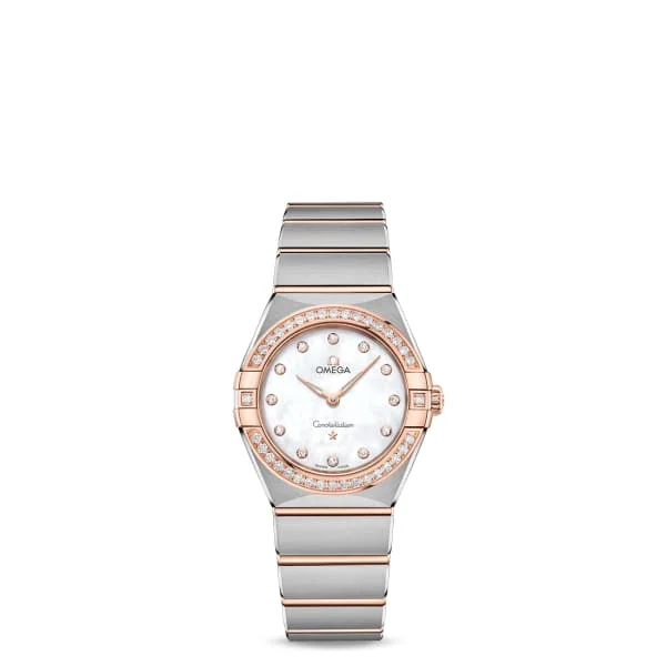 Discover Omega Watches for Investment and Style –Omega Constellation 28mm Watch - Ref: 131.25.28.60.55.001 - White Mother of Pearl Diamond Index Dial & Diamond Bezel, Two Tone Stainless Steel & 18K Rose Gold Bracelet