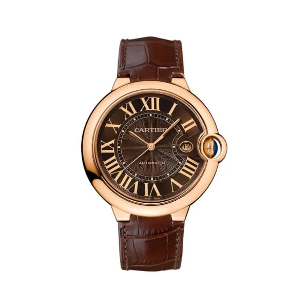 Discover Luxury Cartier Watches Now –Cartier Ballon Bleu de Cartier 42mm Watch - Ref: W6920037 - Brown Roman Dial in 18K Rose Gold Case, Black Alligator Strap