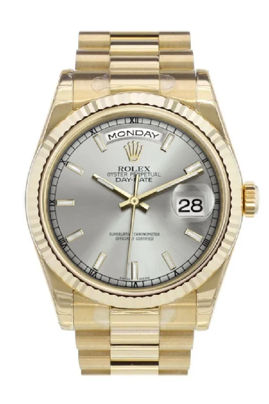 Rolex Watches: The Epitome of Swiss Precision –Rolex Day-Date 36 Silver Dial Fluted Bezel President Yellow Gold Watch 118238