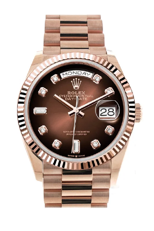 Rolex Watches with Legendary Craftsmanship –Rolex Day-Date 36 Brown ombré Diamond Dial Fluted Bezel 18K Everose gold President Watch 128235