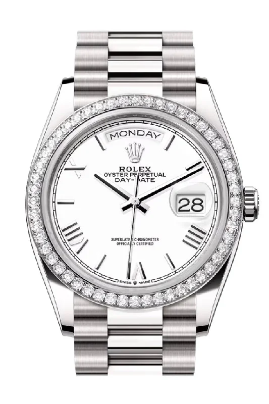 Timeless Rolex Timepieces Available Today –Rolex Day Date 36mm White Roman Dial Diamond Bezel White Gold President Bracelet 128349RBR