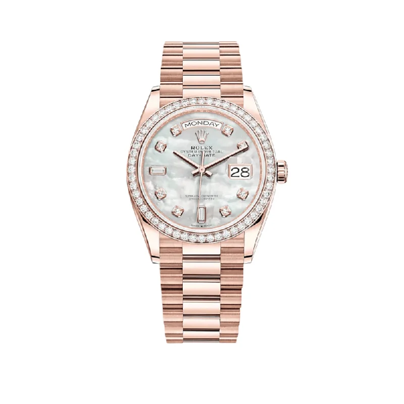 Explore Rolex Watches for the Ultimate Timepiece Experience –Rolex Day-Date 128345RBR Rose Gold Mother of Pearl Diamond Bezel