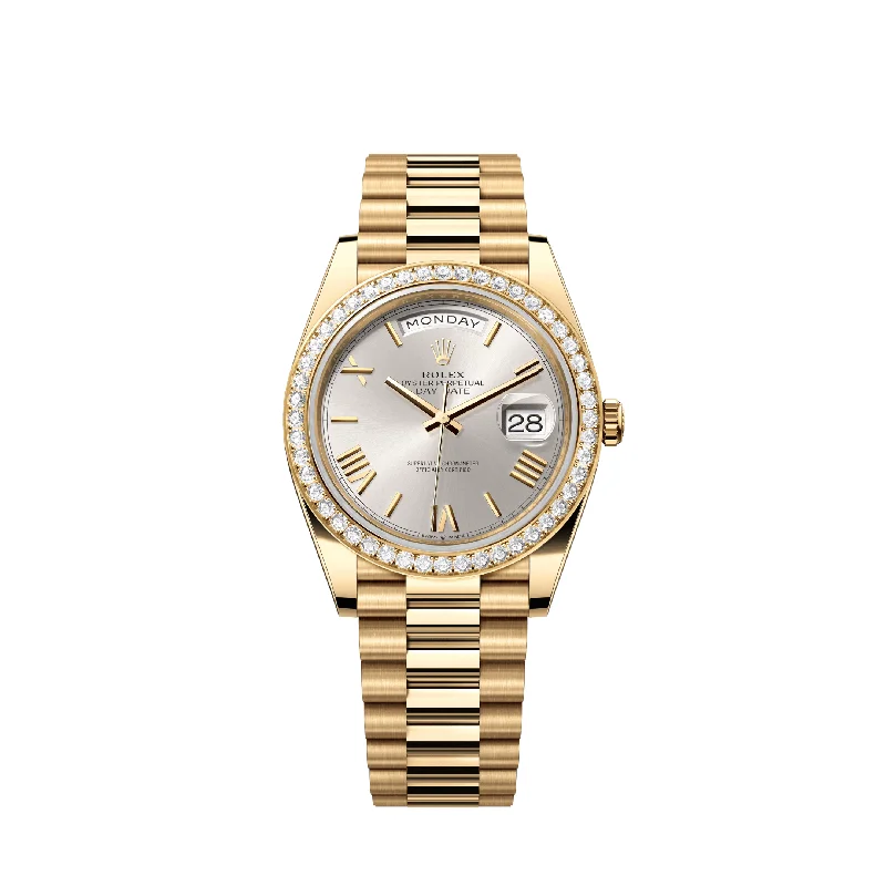 Iconic Rolex Watches for Every Collector –Rolex Day-Date 228348RBR Yellow Gold Diamond Bezel Silver Dial (2021)