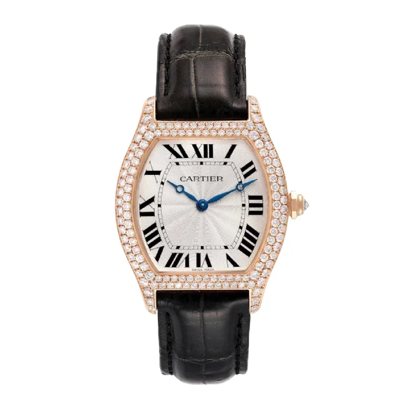 Discover Cartier’s Signature Timepieces –Cartier Cartier Tortue 34.6mm Watch - Ref: WA503751 - Silver Roman Dial & Diamond Bezel in 18K Rose Gold Case, Black Leather Strap