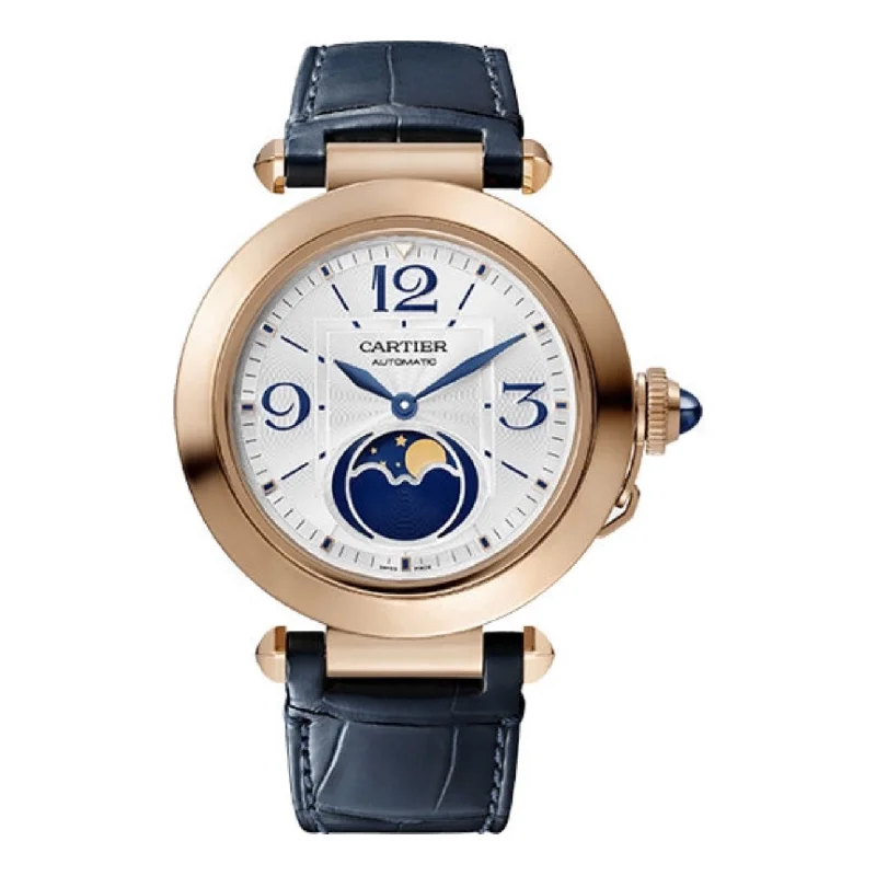 Discover Cartier Watches with Legendary Status –Cartier Pasha de Cartier 41mm Watch - Ref: WGPA0026 - Silver Arabic Dial in 18K Rose Gold Case, Blue Leather Strap