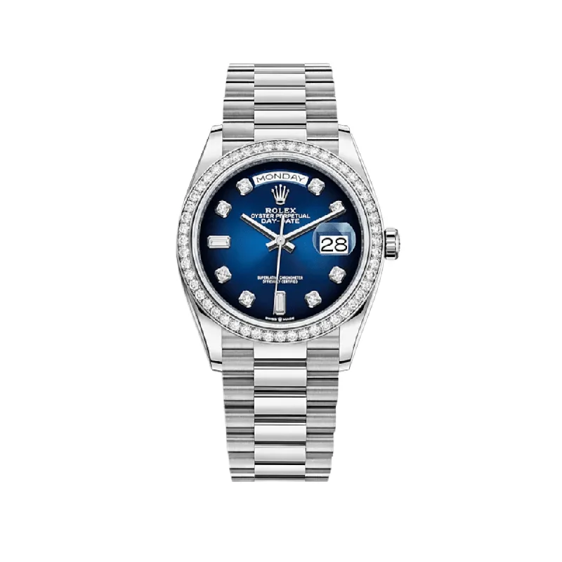 Rolex Watches with Superior Quality –Rolex Day-Date 128349RBR White Gold Blue Dial Diamond Bezel