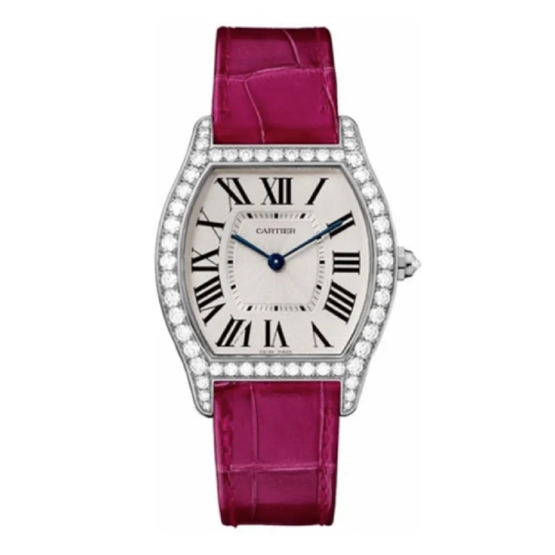 Cartier Watches: Designed for Precision and Luxury –Cartier Cartier Tortue 31mm Women's watch - Ref: WA501009 - White Roman Dial & Diamond Bezel in 18K White Gold Case, Pink Leather Strap