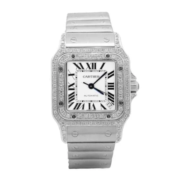 Shop Cartier Watches for Luxury Timekeeping –Cartier Santos de Cartier 32mm Watch - Ref: 2823 - White Roman Dial & Diamond Bezel, Stainless Steel Bracelet