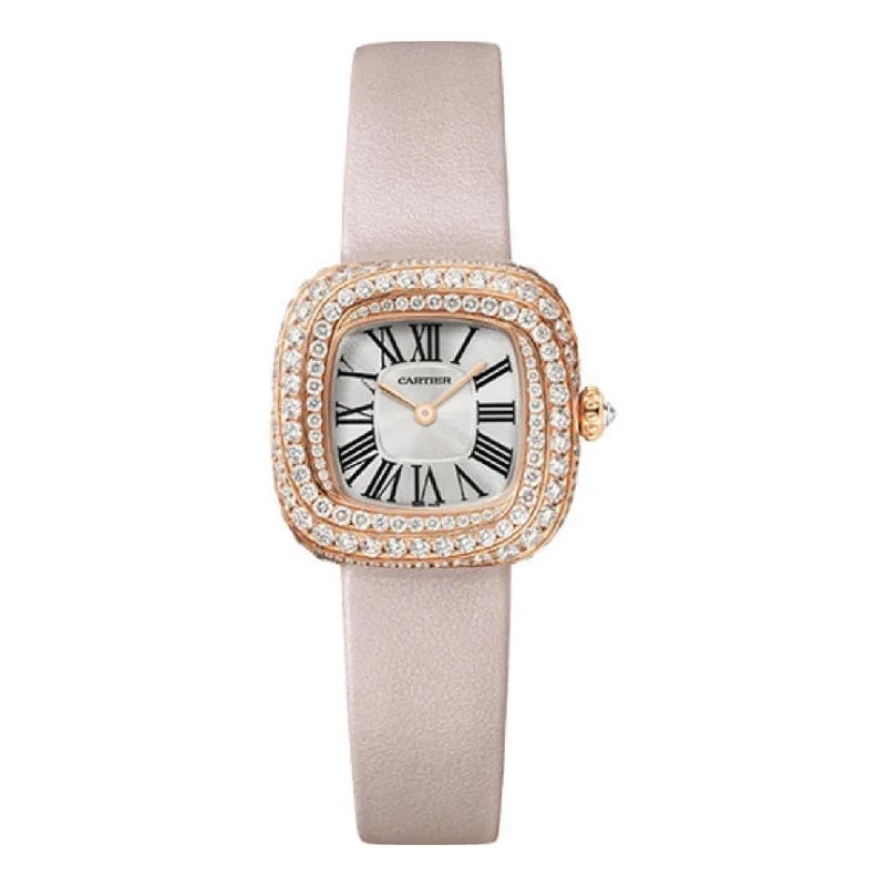 Shop Cartier Watches for the Perfect Timepiece –Cartier Coussin de Cartier 27.7mm Women's watch - Ref: WJCS0004 - Silver Roman Dial & Diamond Bezel in 18K Rose Gold Case, Beige Calfskin Strap