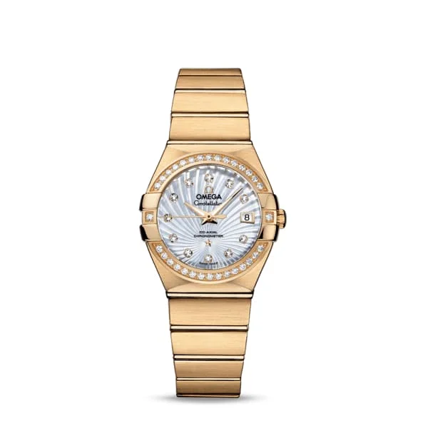 Find Omega Watches for Classic Luxury –Omega Constellation 27mm Watch - Ref: 123.55.27.20.55.002 - White Mother of Pearl Diamond Index Dial & Diamond Bezel, 18K Yellow Gold Bracelet