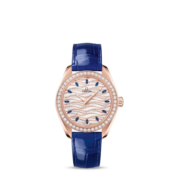 Discover Omega Watches for Classic Appeal –Omega Seamaster 34mm Watch - Ref: 220.58.34.20.99.005 - White Pave Diamond Sapphire Index Dial & Diamond Bezel in 18K Rose Gold Case, Blue Leather Strap