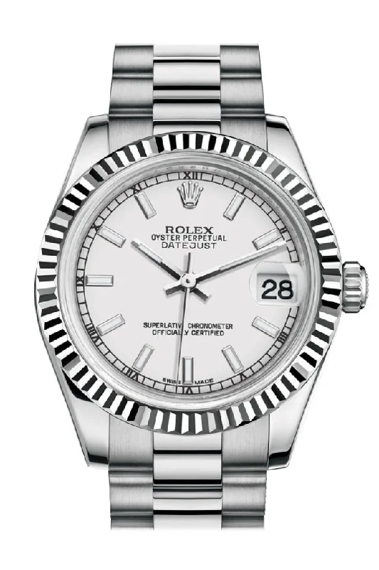 Swiss-Made Rolex Watches –Rolex Datejust 31 White Dial Fluted Bezel 18K White Gold President Ladies Watch 178279 Pre-owned